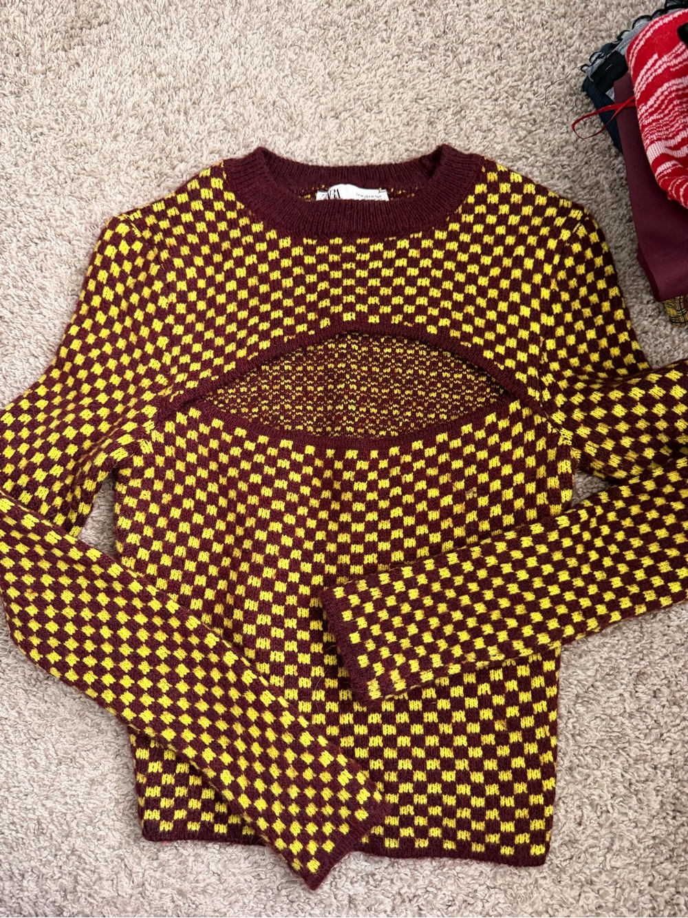 Zara Checker Knit Sweater with Cutout - Burgundy & Yellow - Picture 1 of 1